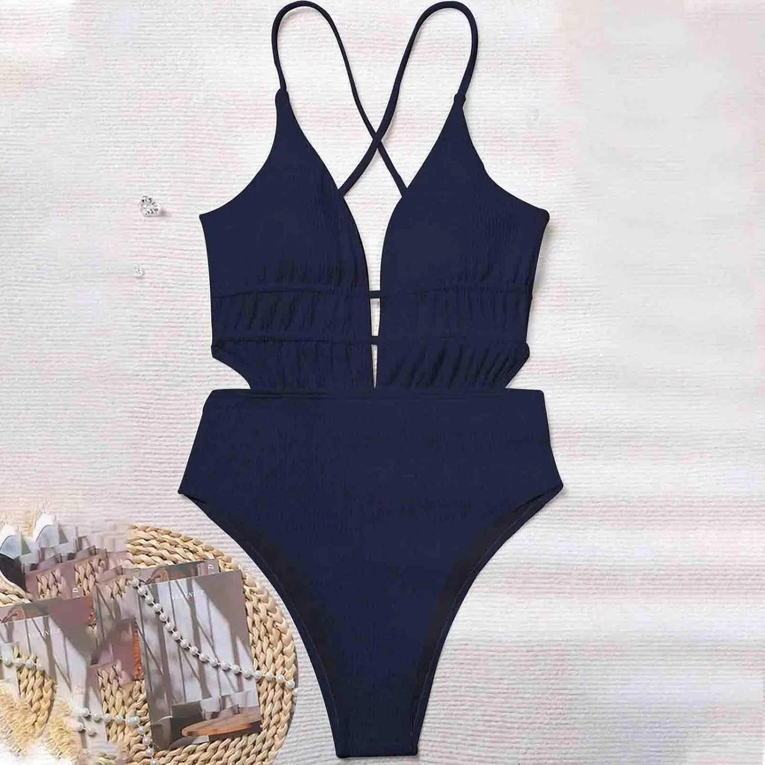 Women One Piece Swimsuit Knit Spaghetti Strap Cutout Bathing Suit Lace Up Backless Ruched Swimwear Sexy Solid Clothes