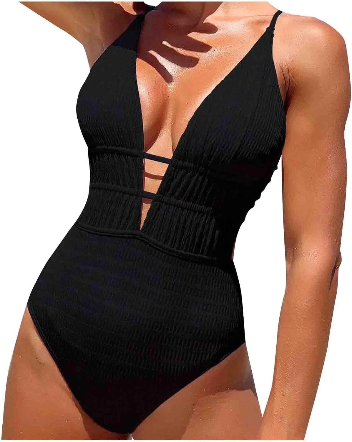 Women One Piece Swimsuit Knit Spaghetti Strap Cutout Bathing Suit Lace Up Backless Ruched Swimwear Sexy Solid Clothes