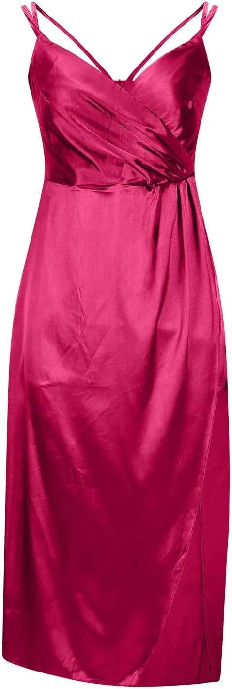 Women Sexy Spaghetti Strap Flowy Long Dress, V-Neck Slim Fit Side Split Irregular Hem Party Gown Elegant Prom Dresses
