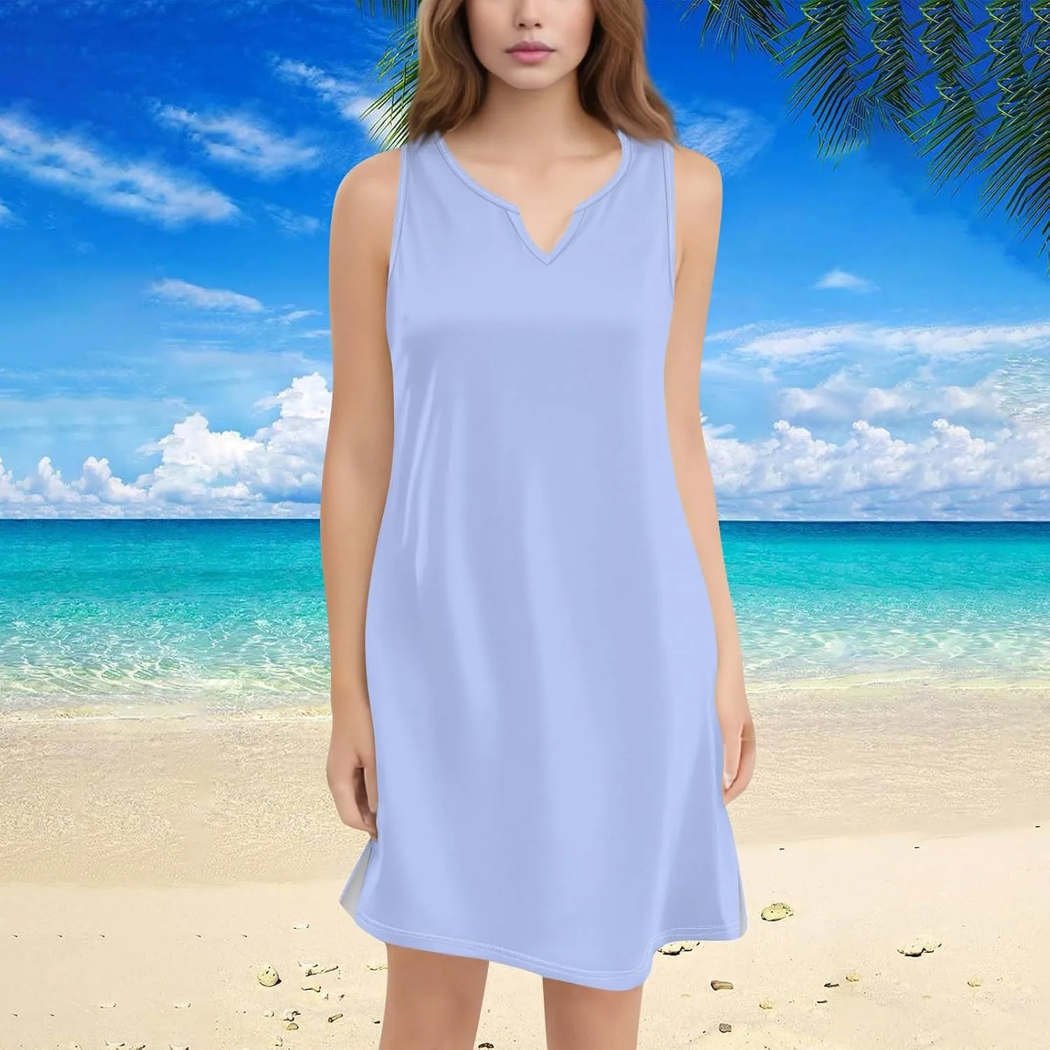 Women Sleeveless Dress Beach V-Neck Dresses Floral Printed Loose Dress with Pockets Casual 2025 Summer Sundress