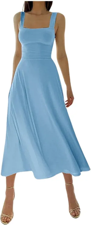 Women Spring Summer Long Dresses Square Neck Spaghetti Strap A Line Sundresses Casual Sleeveless Vacation Dress