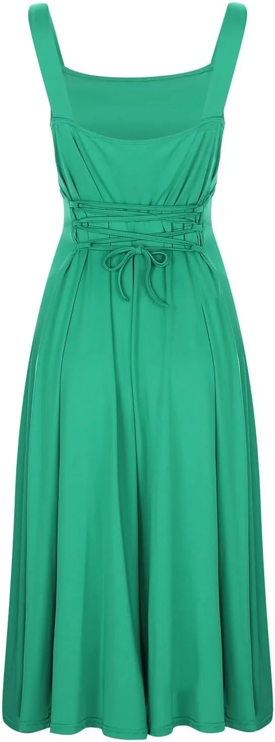 Women Spring Summer Long Dresses Square Neck Spaghetti Strap A Line Sundresses Casual Sleeveless Vacation Dress