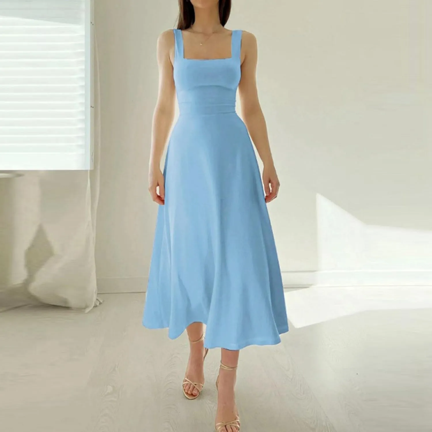 Women Spring Summer Long Dresses Square Neck Spaghetti Strap A Line Sundresses Casual Sleeveless Vacation Dress