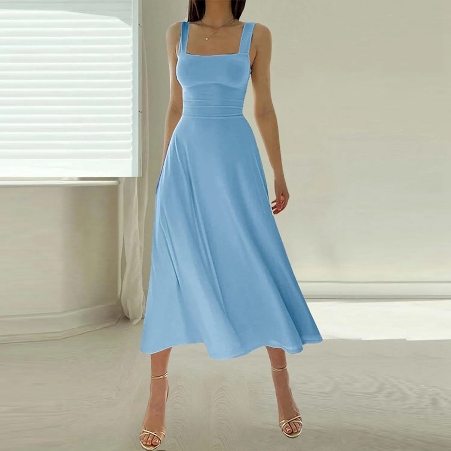 Women Spring Summer Long Dresses Square Neck Spaghetti Strap A Line Sundresses Casual Sleeveless Vacation Dress