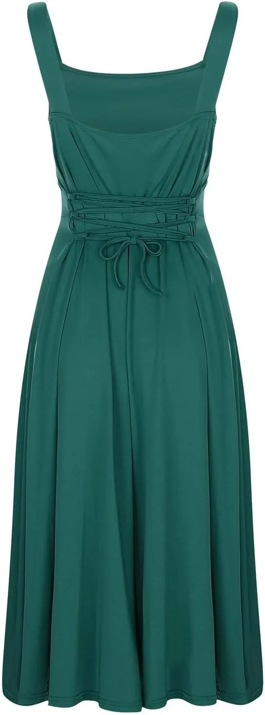 Women Spring Summer Long Dresses Square Neck Spaghetti Strap A Line Sundresses Casual Sleeveless Vacation Dress