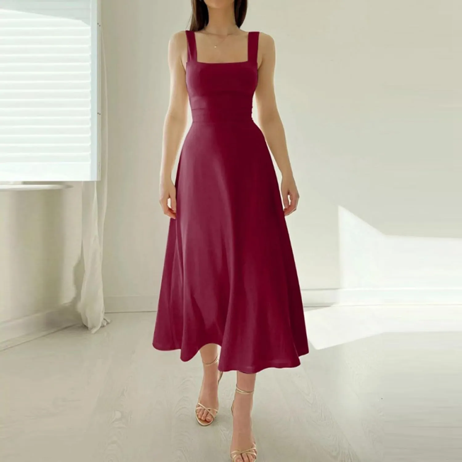Women Spring Summer Long Dresses Square Neck Spaghetti Strap A Line Sundresses Casual Sleeveless Vacation Dress