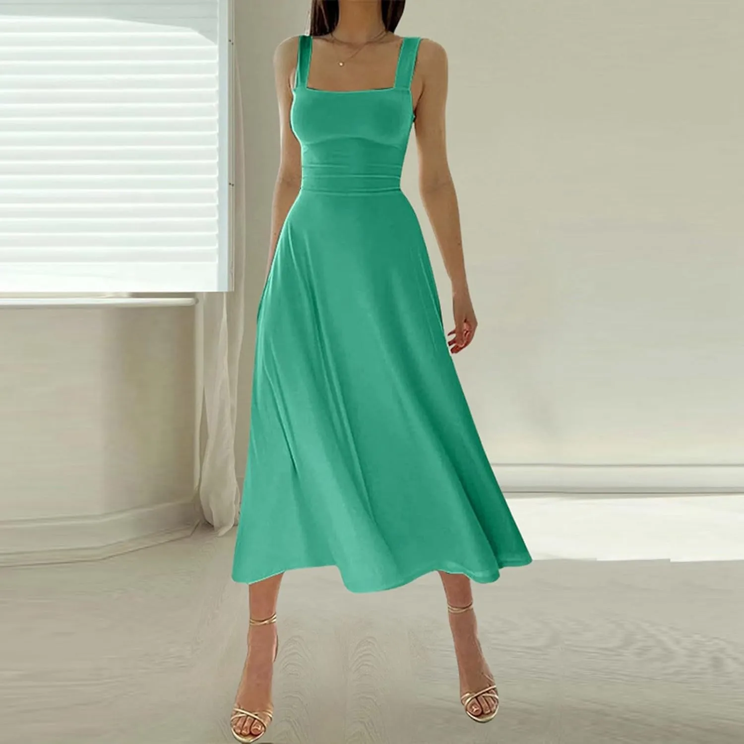 Women Spring Summer Long Dresses Square Neck Spaghetti Strap A Line Sundresses Casual Sleeveless Vacation Dress