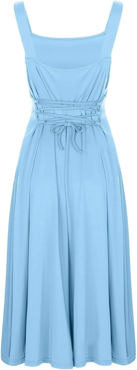 Women Spring Summer Long Dresses Square Neck Spaghetti Strap A Line Sundresses Casual Sleeveless Vacation Dress