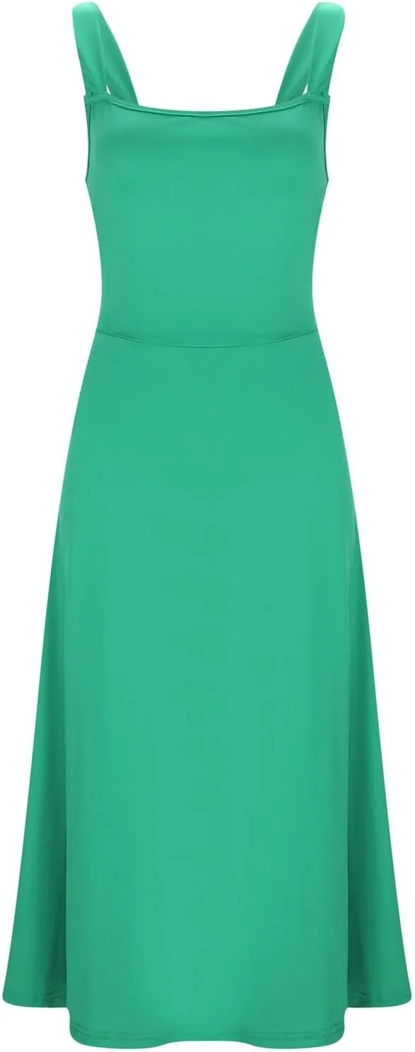 Women Spring Summer Long Dresses Square Neck Spaghetti Strap A Line Sundresses Casual Sleeveless Vacation Dress