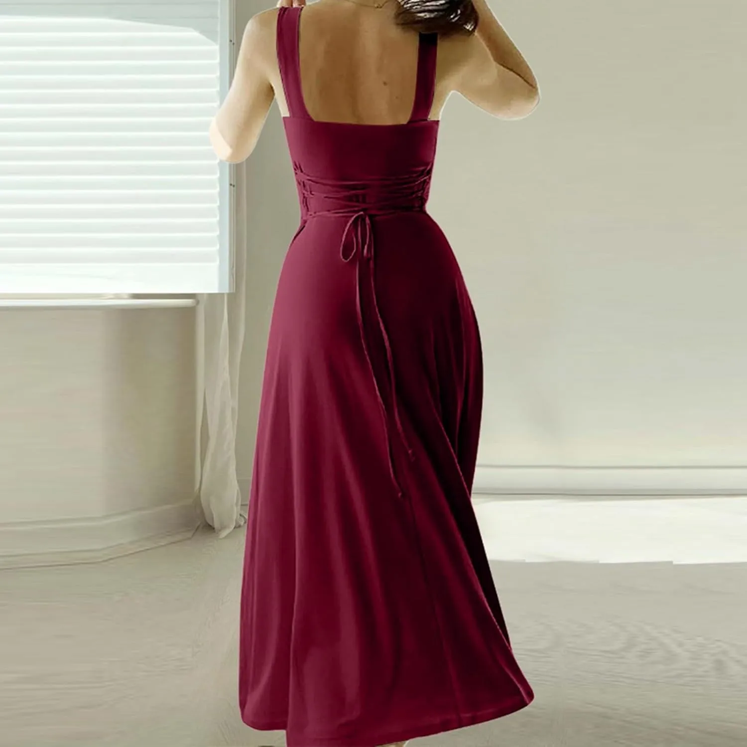 Women Spring Summer Long Dresses Square Neck Spaghetti Strap A Line Sundresses Casual Sleeveless Vacation Dress
