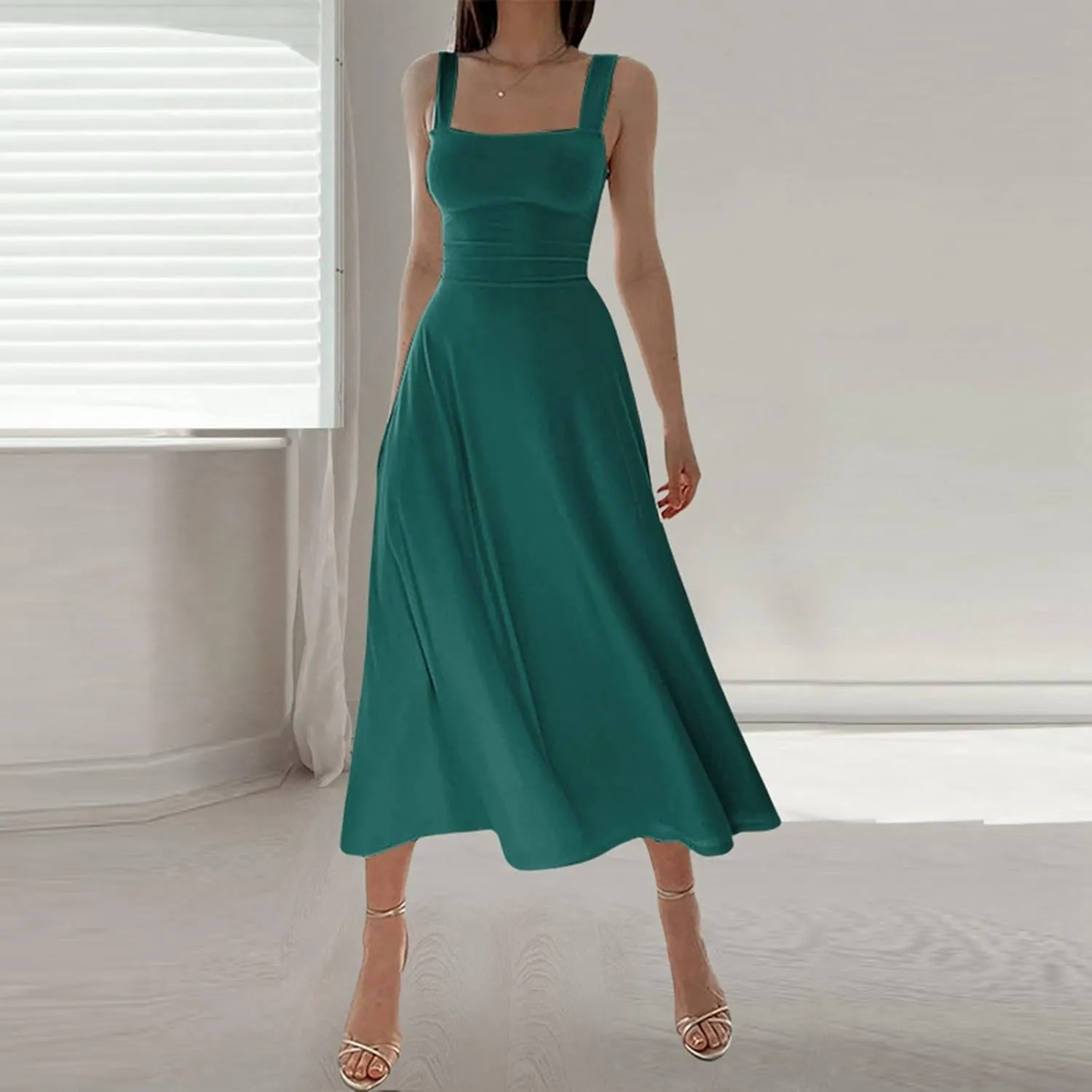Women Spring Summer Long Dresses Square Neck Spaghetti Strap A Line Sundresses Casual Sleeveless Vacation Dress