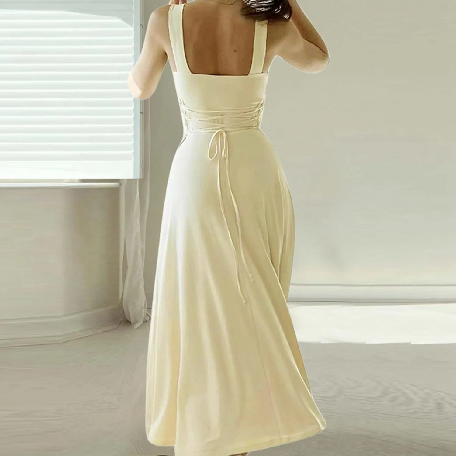 Women Spring Summer Long Dresses Square Neck Spaghetti Strap A Line Sundresses Casual Sleeveless Vacation Dress