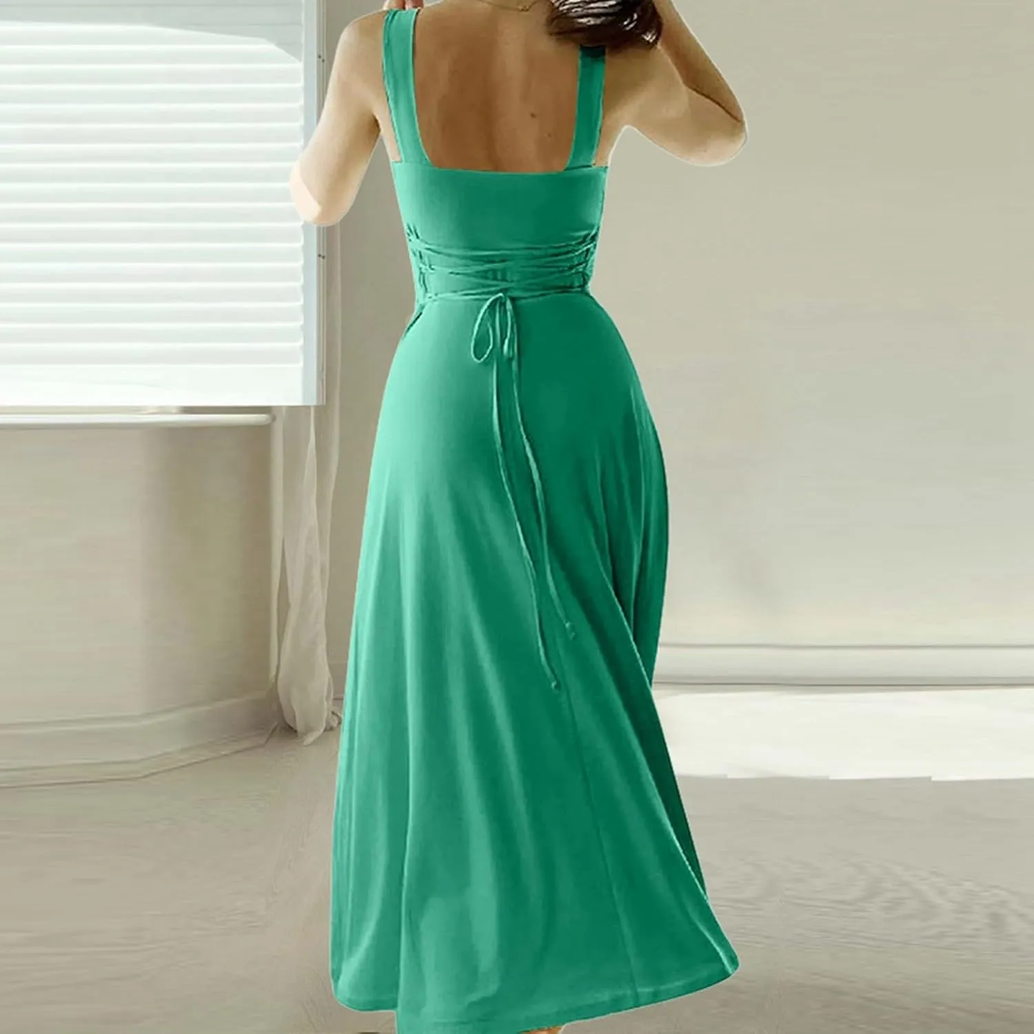 Women Spring Summer Long Dresses Square Neck Spaghetti Strap A Line Sundresses Casual Sleeveless Vacation Dress