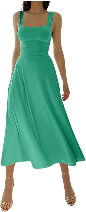 Women Spring Summer Long Dresses Square Neck Spaghetti Strap A Line Sundresses Casual Sleeveless Vacation Dress