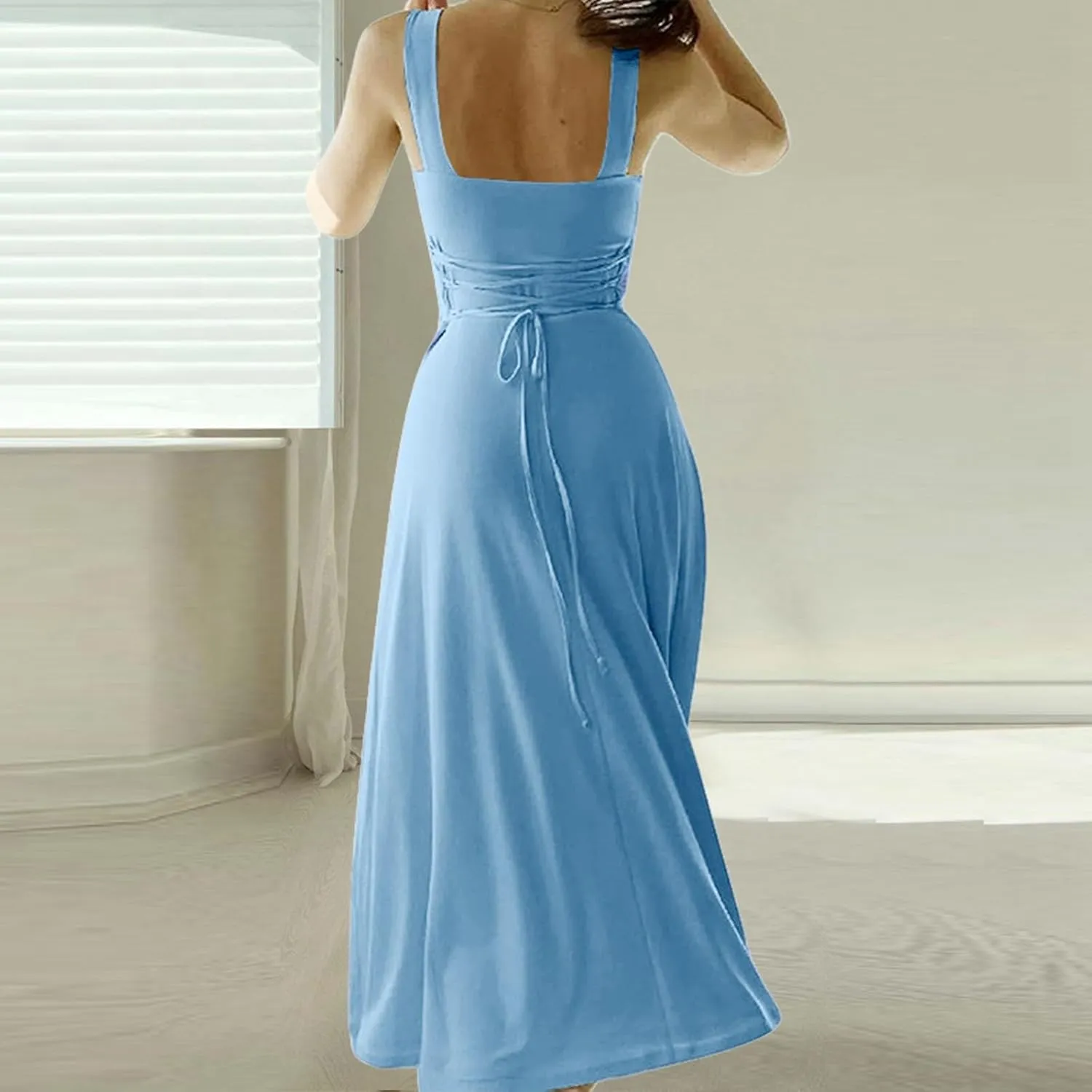 Women Spring Summer Long Dresses Square Neck Spaghetti Strap A Line Sundresses Casual Sleeveless Vacation Dress