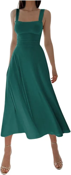 Women Spring Summer Long Dresses Square Neck Spaghetti Strap A Line Sundresses Casual Sleeveless Vacation Dress