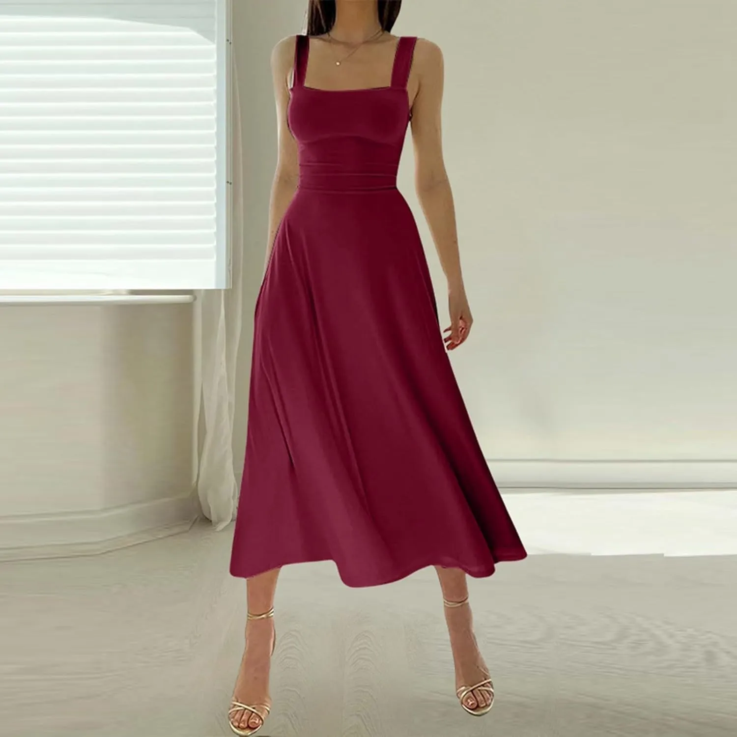 Women Spring Summer Long Dresses Square Neck Spaghetti Strap A Line Sundresses Casual Sleeveless Vacation Dress