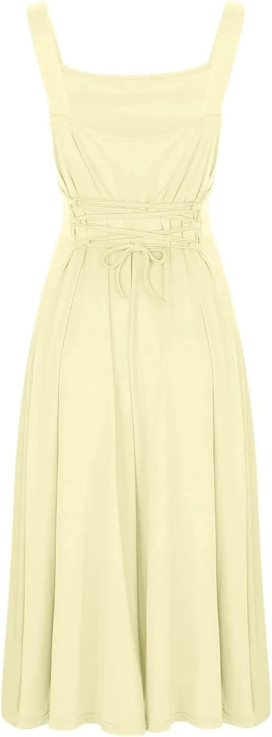 Women Spring Summer Long Dresses Square Neck Spaghetti Strap A Line Sundresses Casual Sleeveless Vacation Dress