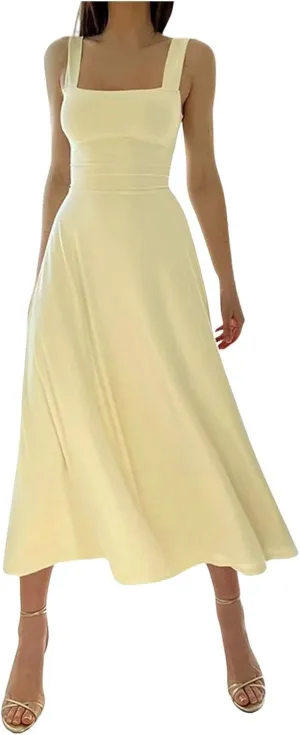 Women Spring Summer Long Dresses Square Neck Spaghetti Strap A Line Sundresses Casual Sleeveless Vacation Dress