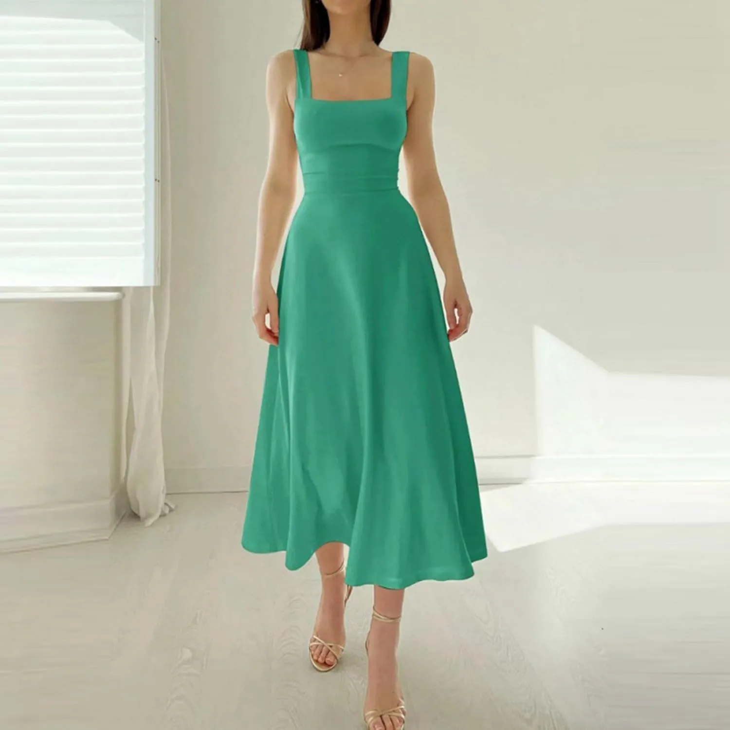 Women Spring Summer Long Dresses Square Neck Spaghetti Strap A Line Sundresses Casual Sleeveless Vacation Dress