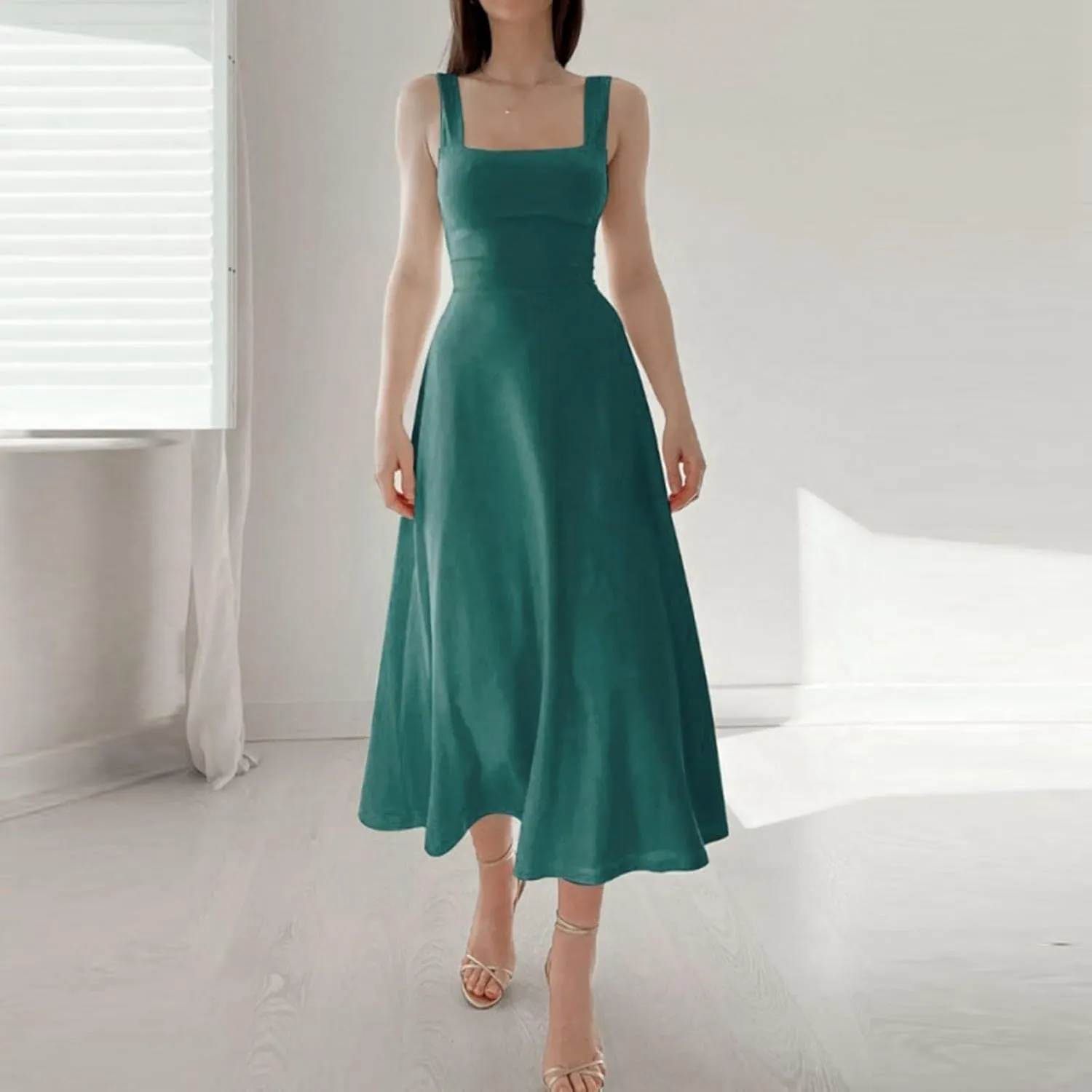 Women Spring Summer Long Dresses Square Neck Spaghetti Strap A Line Sundresses Casual Sleeveless Vacation Dress
