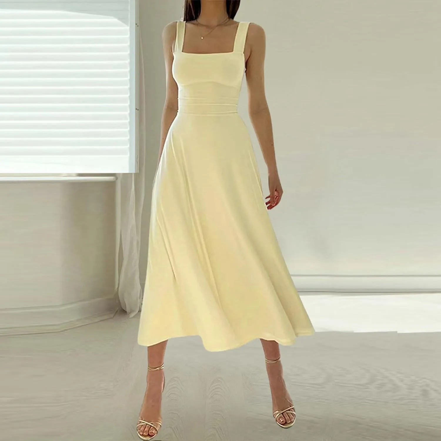 Women Spring Summer Long Dresses Square Neck Spaghetti Strap A Line Sundresses Casual Sleeveless Vacation Dress