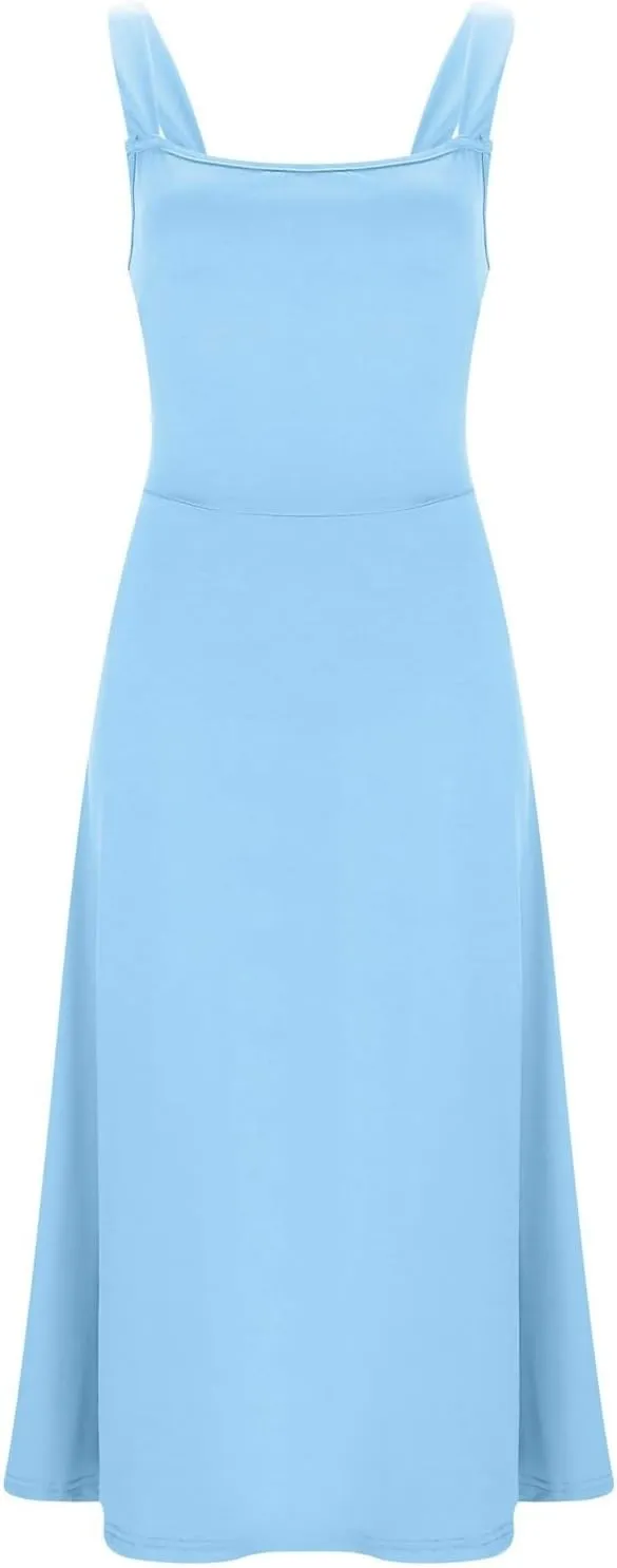 Women Spring Summer Long Dresses Square Neck Spaghetti Strap A Line Sundresses Casual Sleeveless Vacation Dress