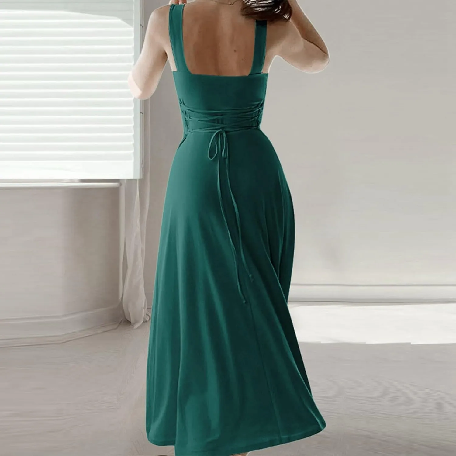 Women Spring Summer Long Dresses Square Neck Spaghetti Strap A Line Sundresses Casual Sleeveless Vacation Dress