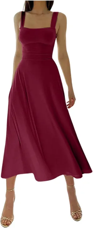 Women Spring Summer Long Dresses Square Neck Spaghetti Strap A Line Sundresses Casual Sleeveless Vacation Dress