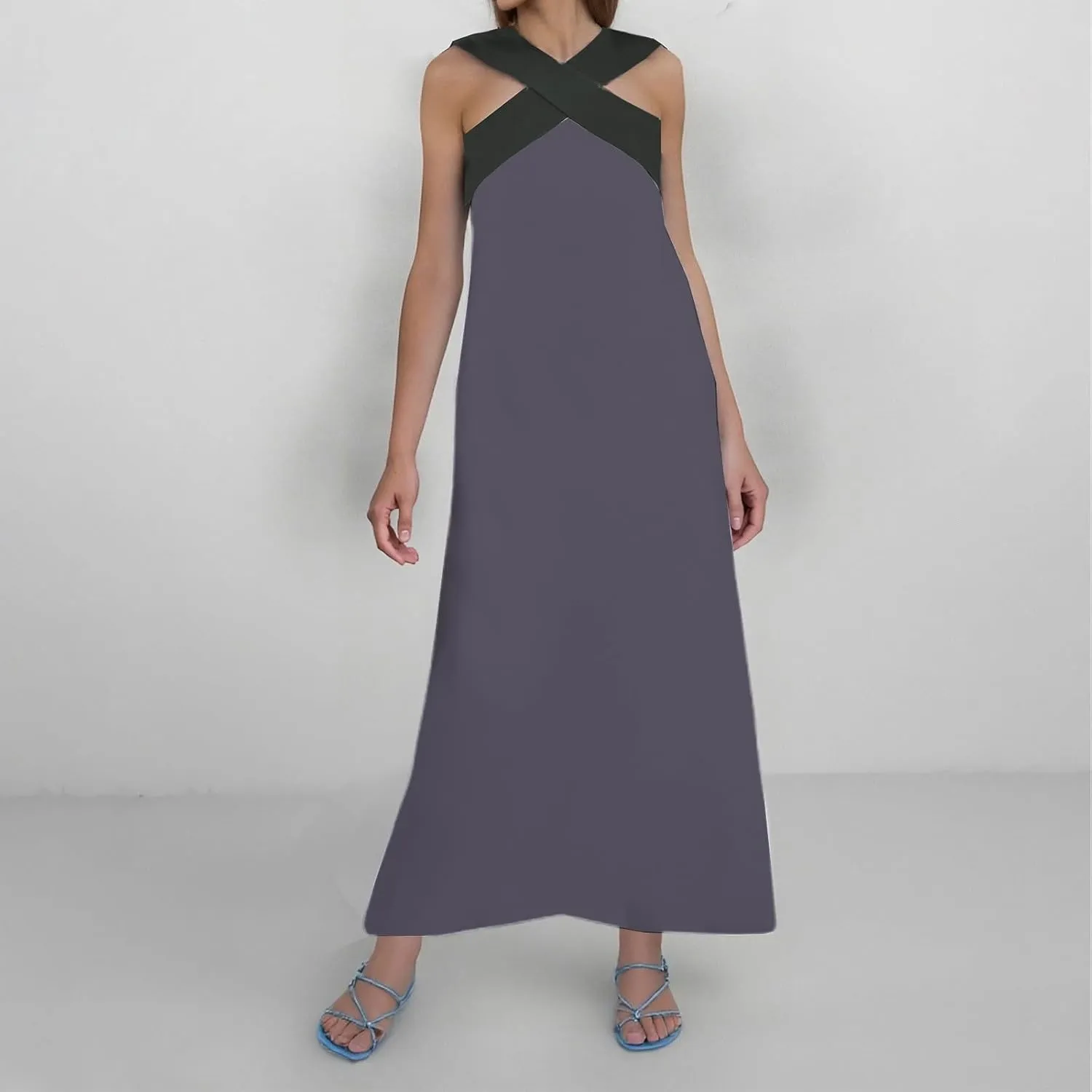 Women Summer Criss Cross Halter Neck Dress Sleeveless Color Block Maxi Dress Vacation Party Wedding Long Dresses