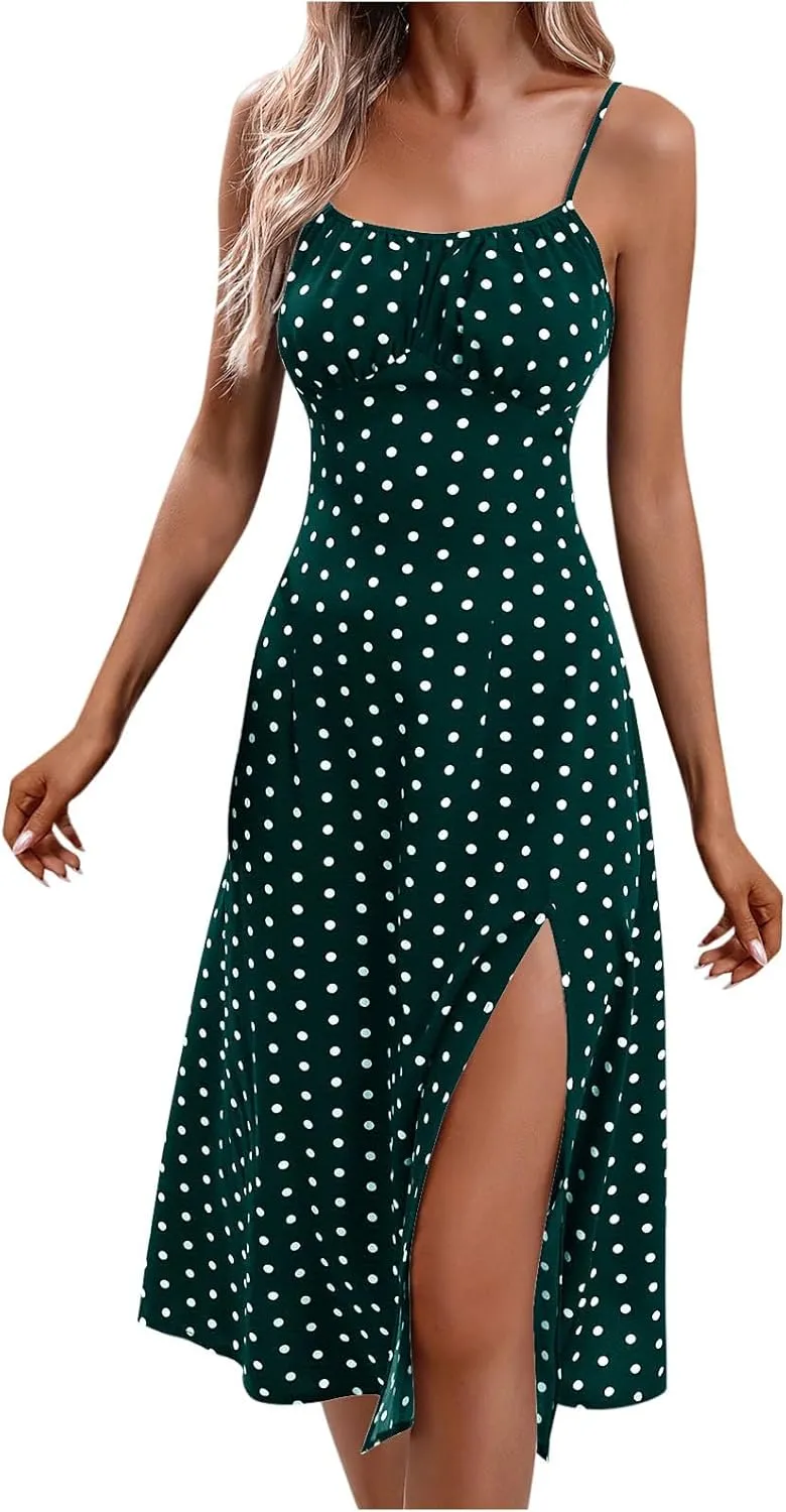 Women Summer Ditsy Floral Print Sexy Sundresses Spaghetti Strap Polka Dot Boho Dress Flowy Side Split Midi Dresses