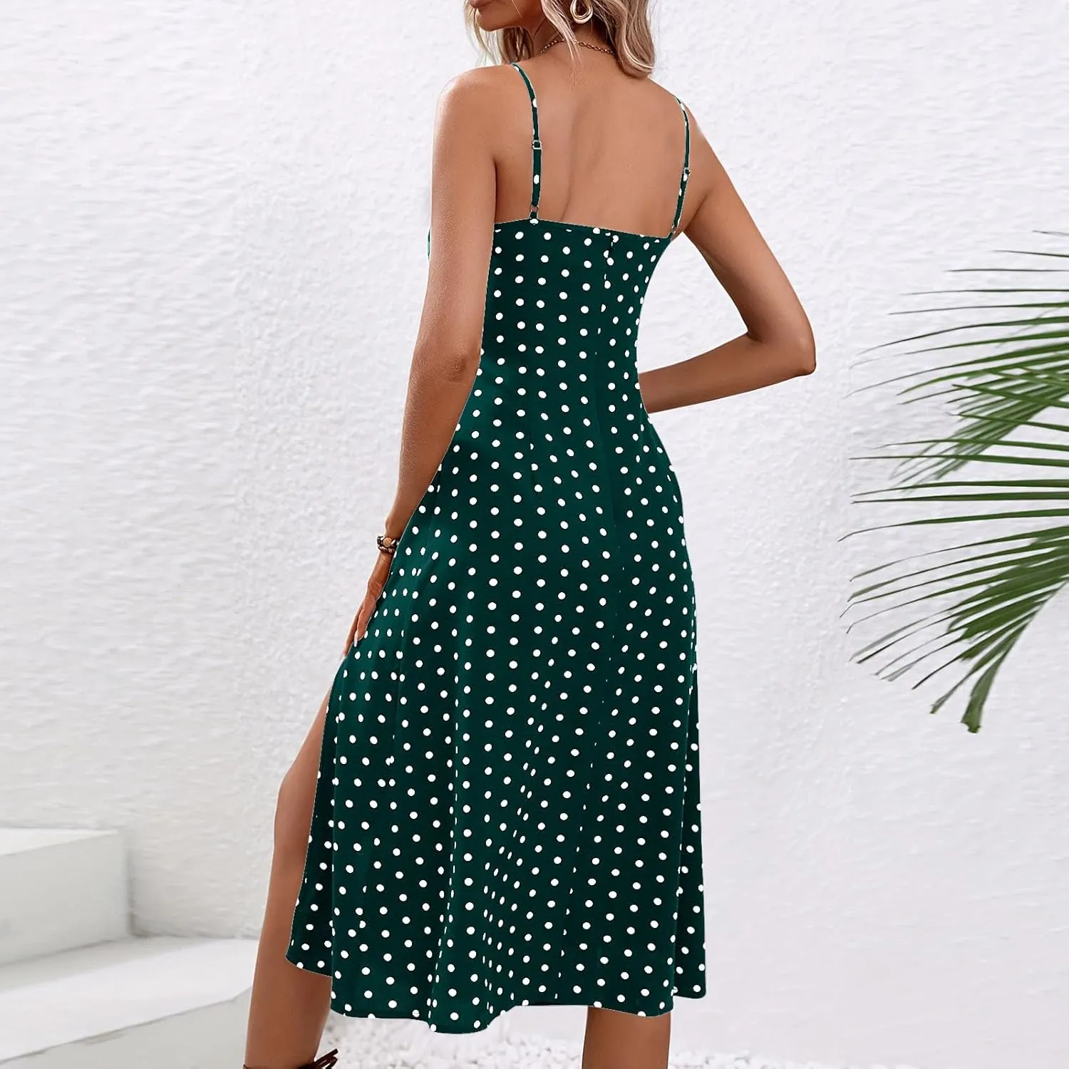 Women Summer Ditsy Floral Print Sexy Sundresses Spaghetti Strap Polka Dot Boho Dress Flowy Side Split Midi Dresses