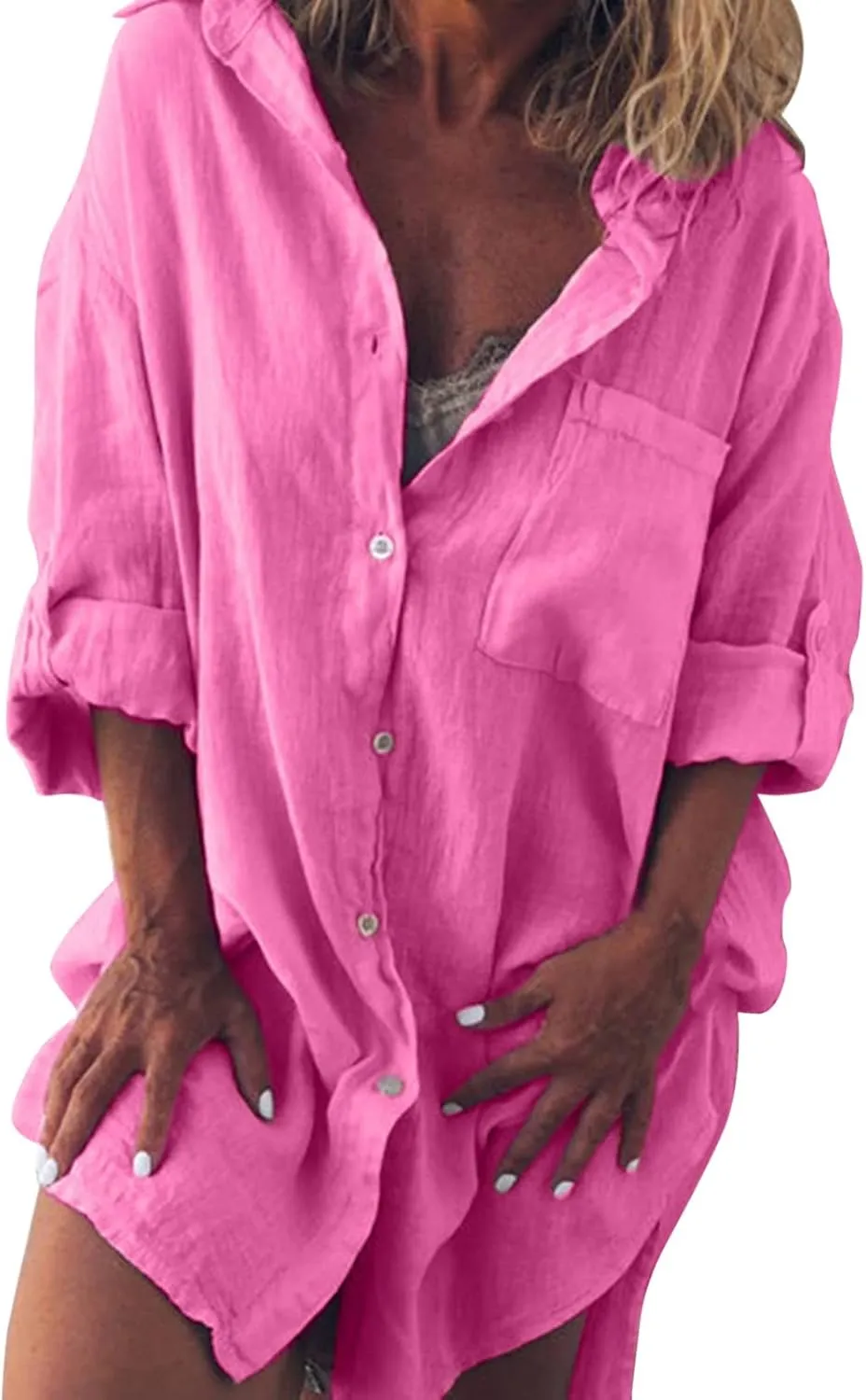 Women Summer Dresses 2025 Button Down V Neck Mini Sundress Beach Tunic Dresses Bikini Coverup Blouse Shirt Dress