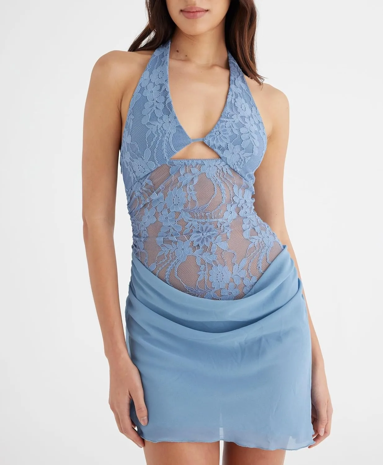 Women Summer Halter Neck Mini Dress Sexy V Neck Floral Mesh Bodycon Dress Open Back Party Club Short Dresses