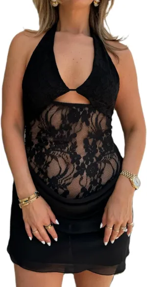 Women Summer Halter Neck Mini Dress Sexy V Neck Floral Mesh Bodycon Dress Open Back Party Club Short Dresses