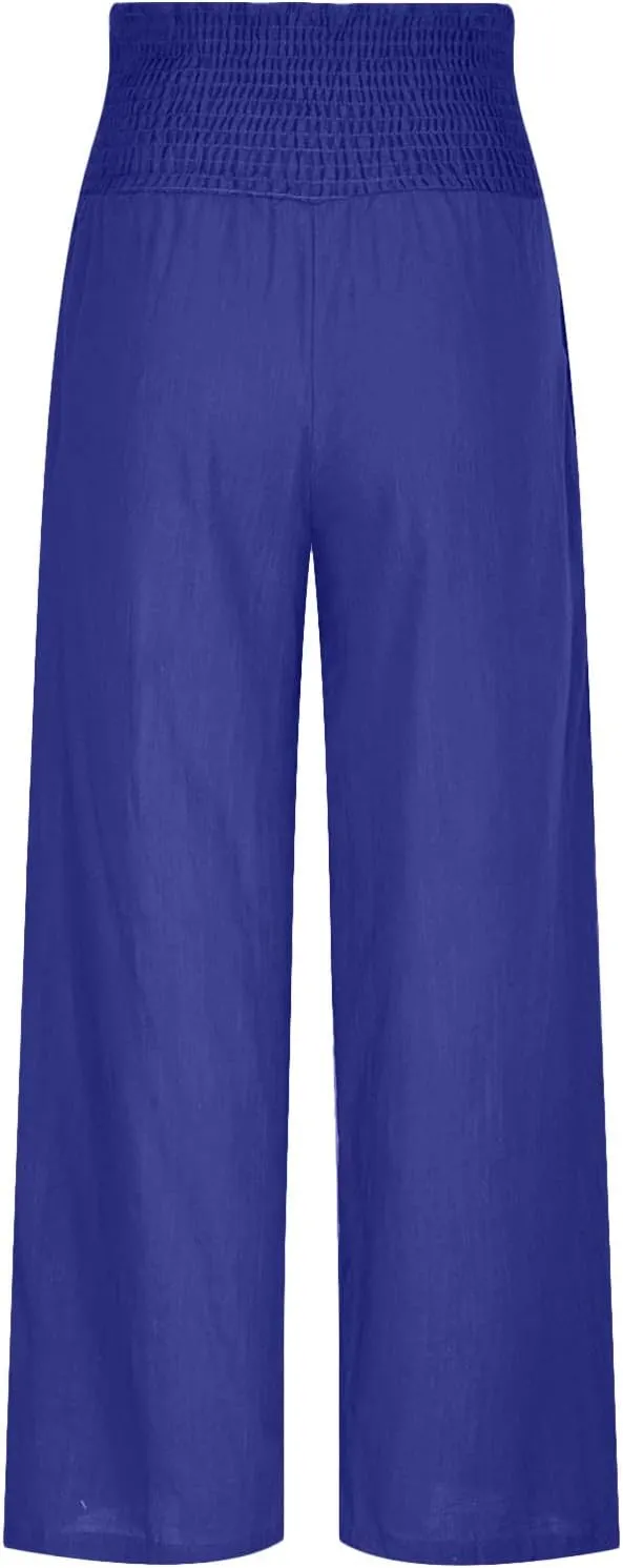 Women Summer High Waisted Cotton Linen Palazzo Pants Casual Loose Wide Leg Long Lounge Pant Trousers with Pockets