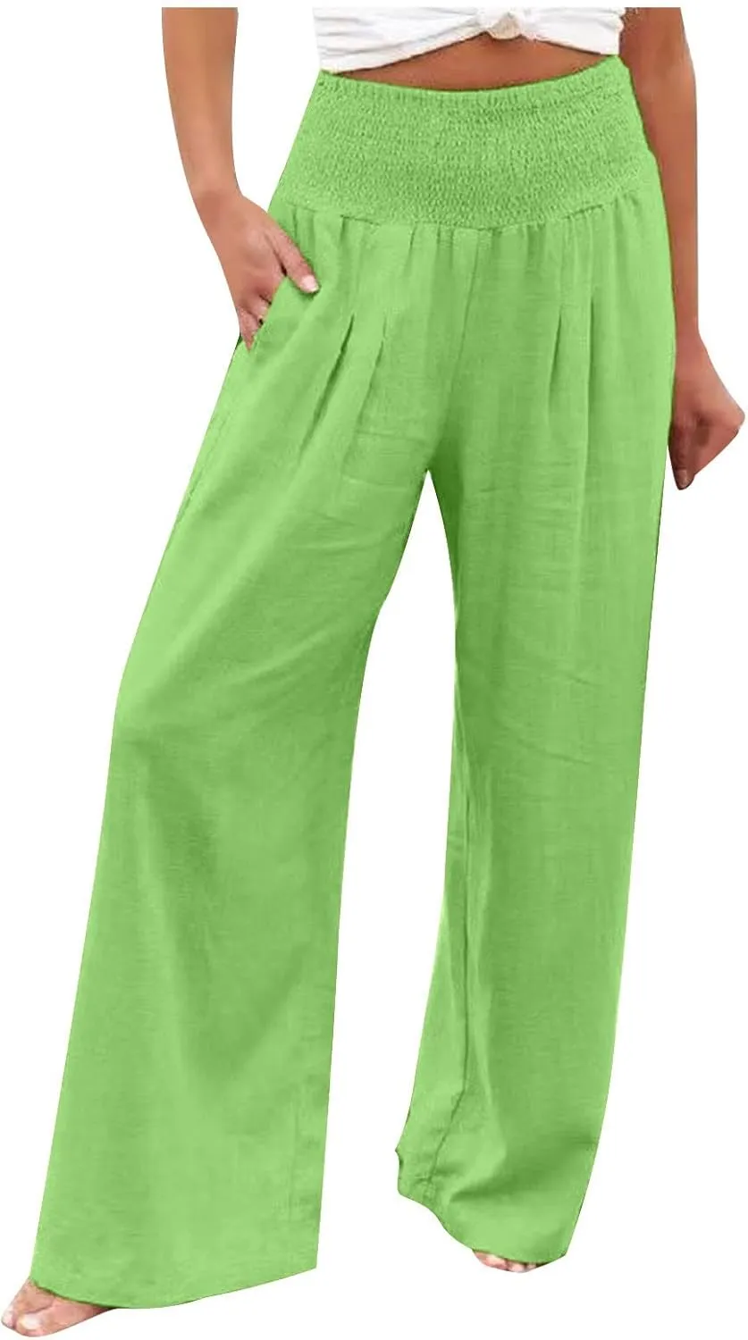 Women Summer High Waisted Cotton Linen Palazzo Pants Casual Loose Wide Leg Long Lounge Pant Trousers with Pockets