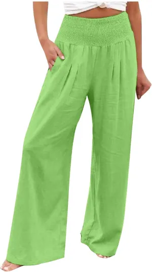 Women Summer High Waisted Cotton Linen Palazzo Pants Casual Loose Wide Leg Long Lounge Pant Trousers with Pockets