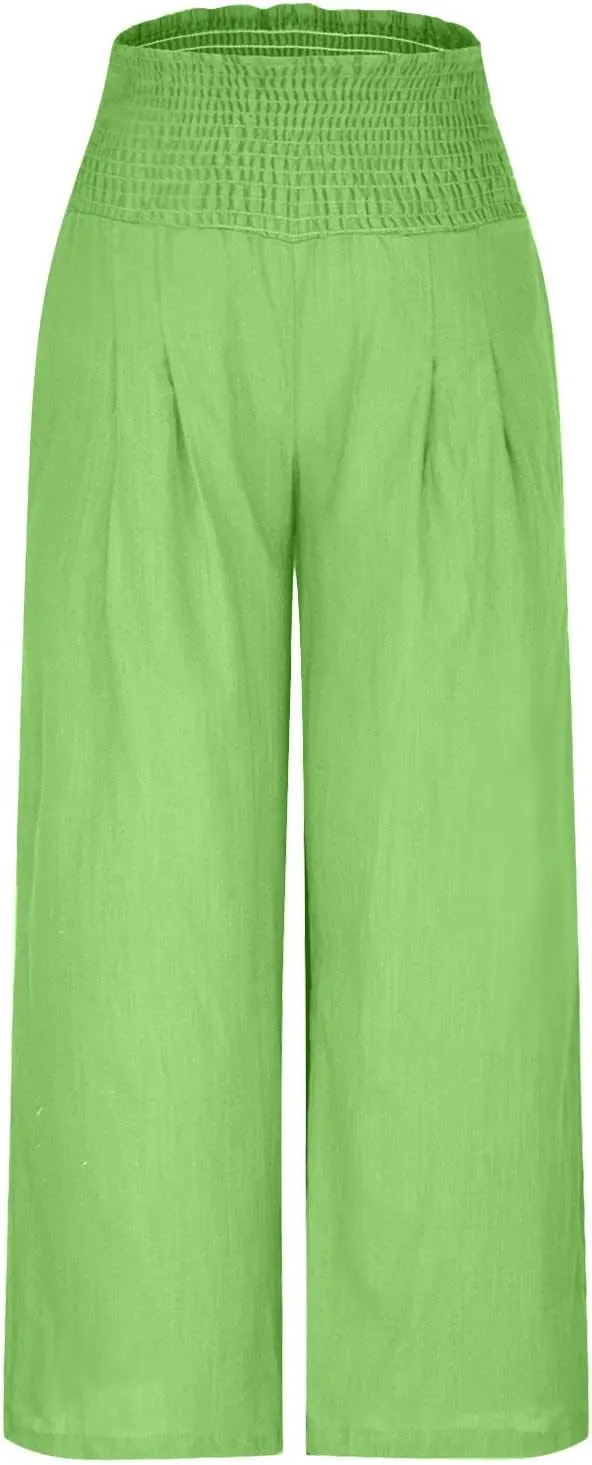 Women Summer High Waisted Cotton Linen Palazzo Pants Casual Loose Wide Leg Long Lounge Pant Trousers with Pockets