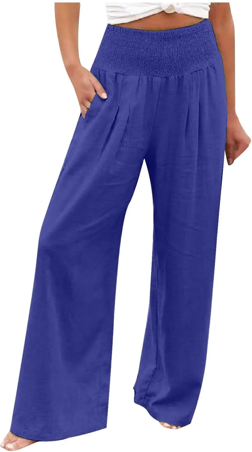 Women Summer High Waisted Cotton Linen Palazzo Pants Casual Loose Wide Leg Long Lounge Pant Trousers with Pockets