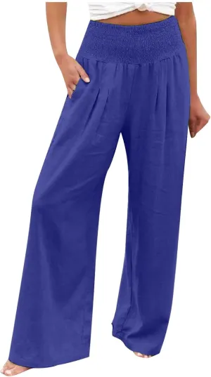 Women Summer High Waisted Cotton Linen Palazzo Pants Casual Loose Wide Leg Long Lounge Pant Trousers with Pockets