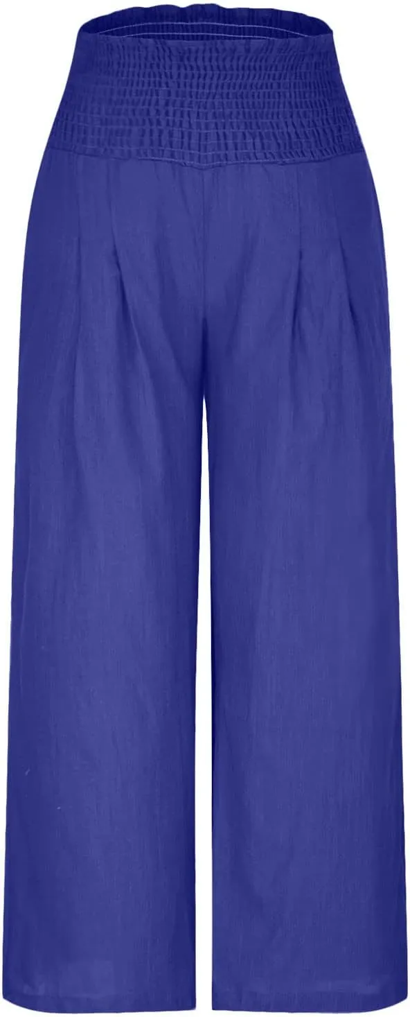 Women Summer High Waisted Cotton Linen Palazzo Pants Casual Loose Wide Leg Long Lounge Pant Trousers with Pockets