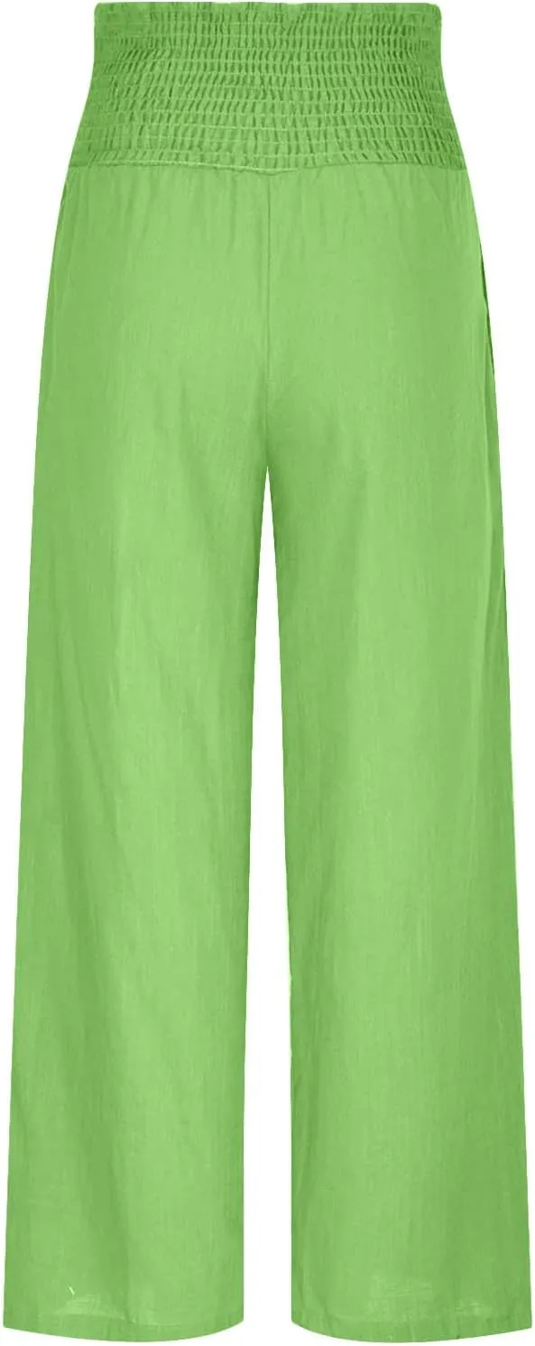 Women Summer High Waisted Cotton Linen Palazzo Pants Casual Loose Wide Leg Long Lounge Pant Trousers with Pockets