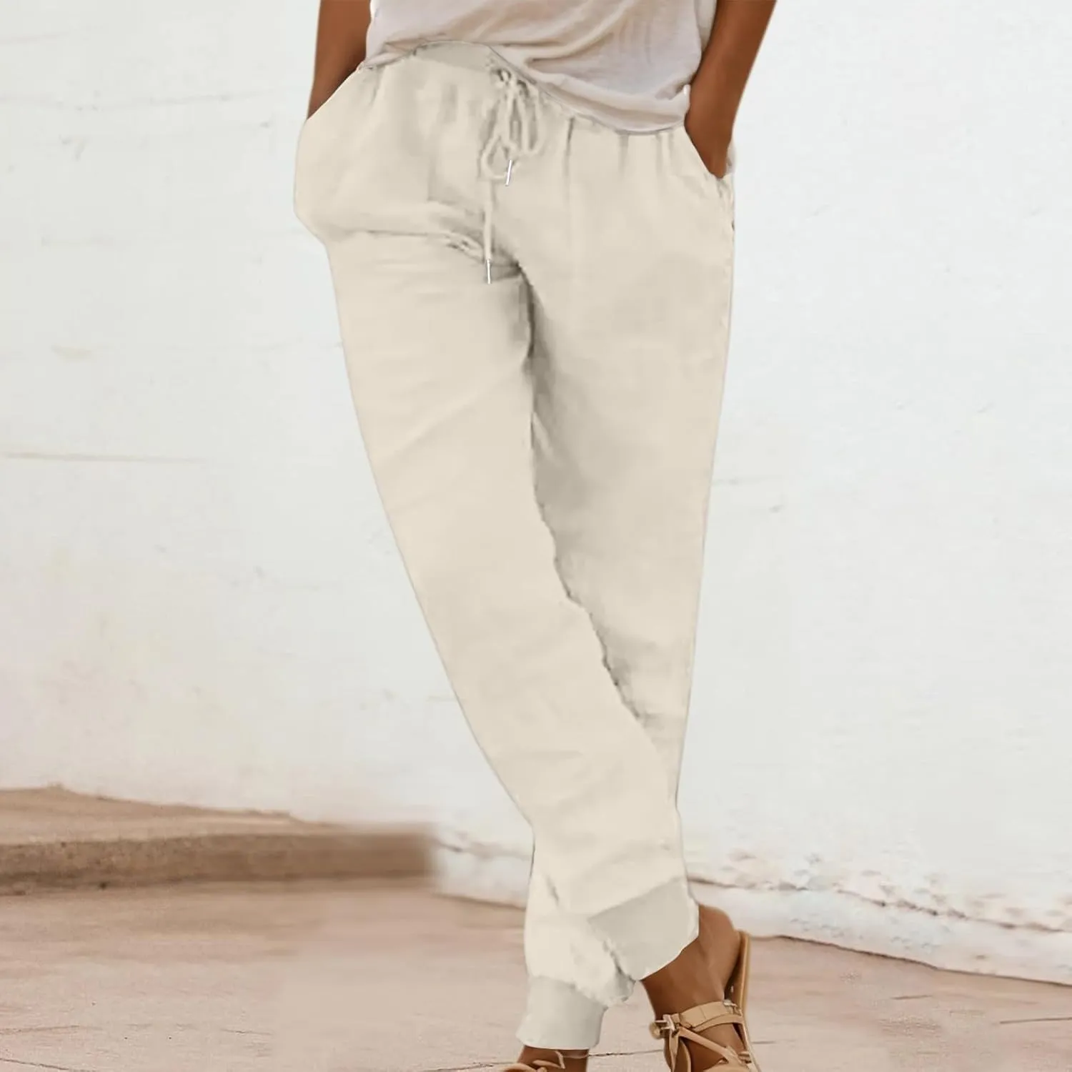 Women Summer High Waisted Linen Pants Baggy Straight-Leg Elastic Waist Summer Pants Stretchy Loose Fit Casual Trousers
