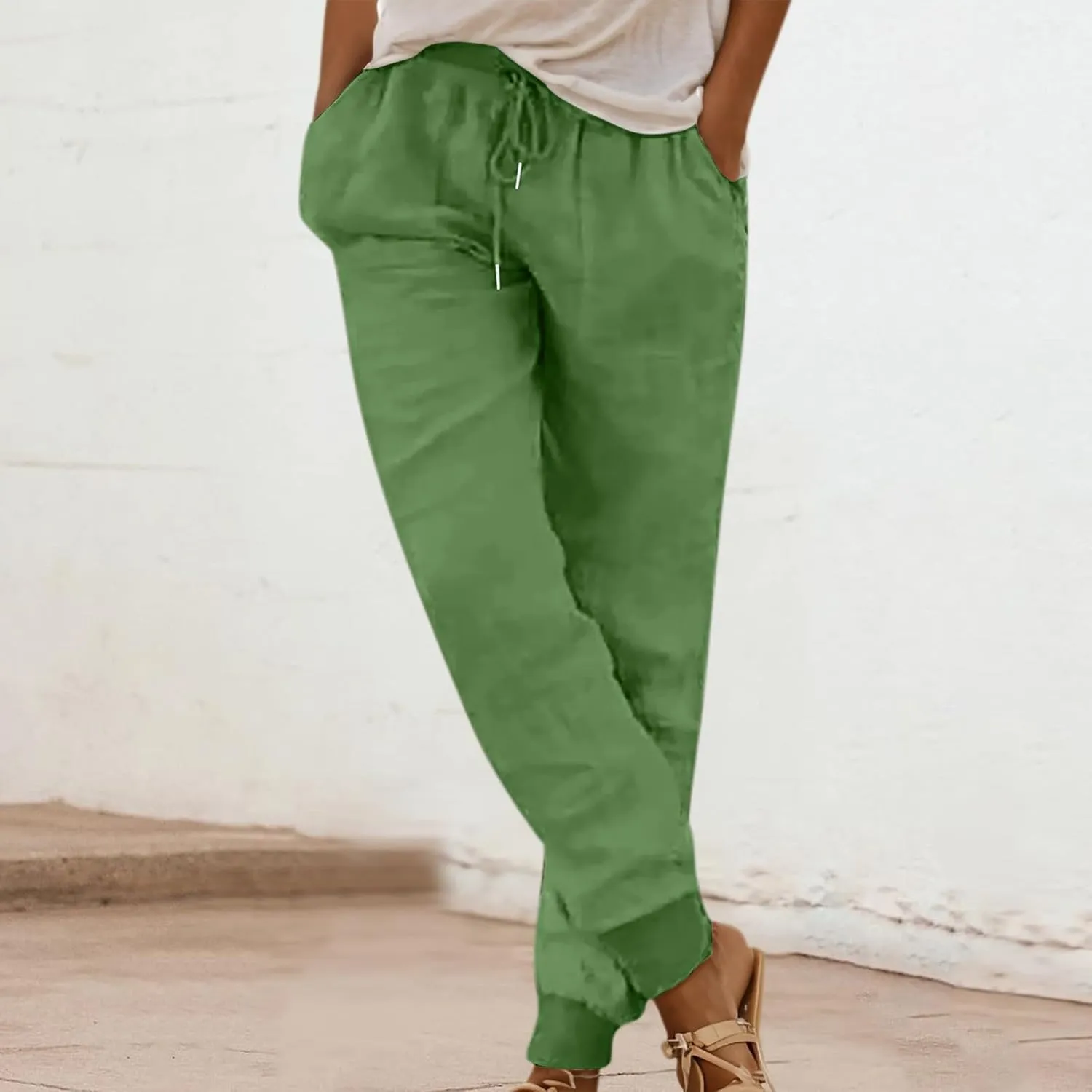 Women Summer High Waisted Linen Pants Baggy Straight-Leg Elastic Waist Summer Pants Stretchy Loose Fit Casual Trousers