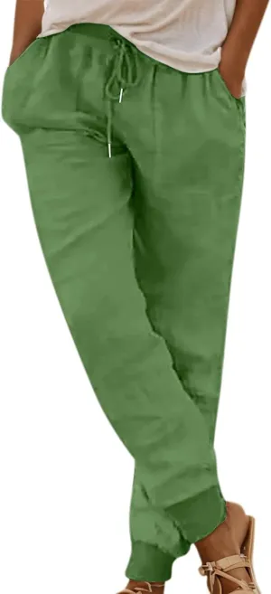 Women Summer High Waisted Linen Pants Baggy Straight-Leg Elastic Waist Summer Pants Stretchy Loose Fit Casual Trousers