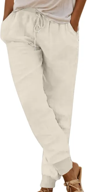 Women Summer High Waisted Linen Pants Baggy Straight-Leg Elastic Waist Summer Pants Stretchy Loose Fit Casual Trousers