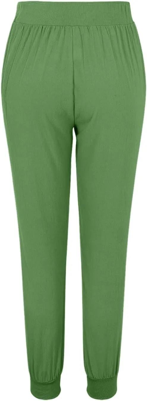 Women Summer High Waisted Linen Pants Baggy Straight-Leg Elastic Waist Summer Pants Stretchy Loose Fit Casual Trousers