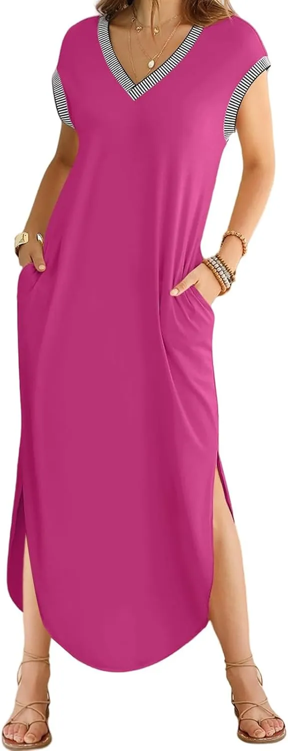 Women Summer T Shirt Dress Casual Short Sleeve V Neck Split Maxi Dresses Long T-Shirt Dresses Beach Dress with Pocket