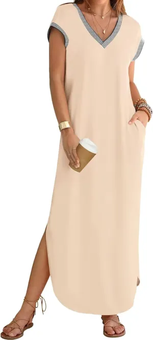 Women Summer T Shirt Dress Casual Short Sleeve V Neck Split Maxi Dresses Long T-Shirt Dresses Beach Dress with Pocket